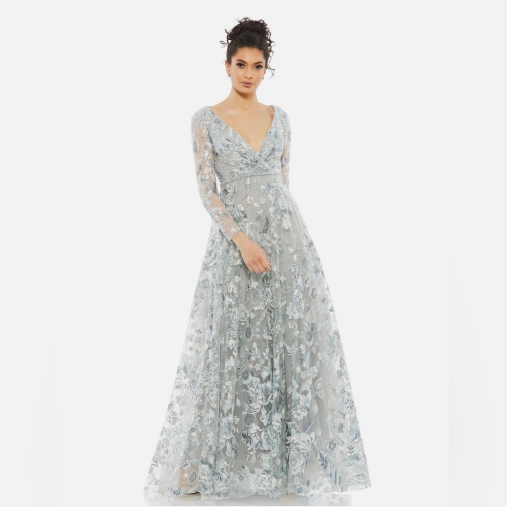 EMBELLISHED V NECK ILLUSION LONG SLEEVE A LINE GOWN